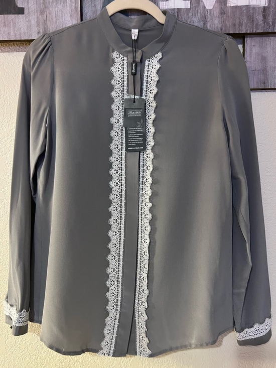 Lilysilk Tops - Lilysilk Gray Women's Silk Collared Button-Front Lace Trim Blouse, NWT, XS